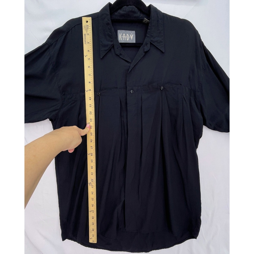 Vintage 90s Black Square Button Down Shirt L Pleated Front Long Sleeve - Picture 6 of 9